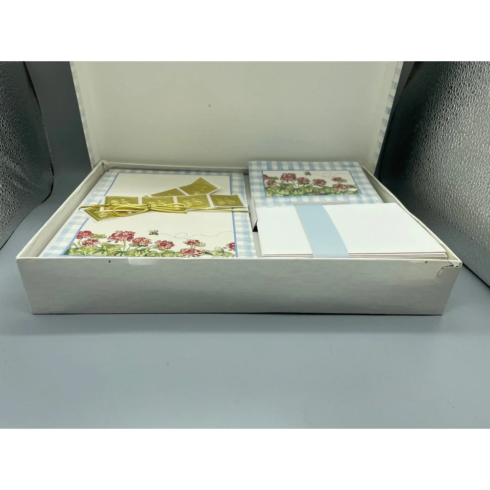 Vintage Geranium‎ Floral Stationery Set Blue Gingham Note Cards Envelopes Seals